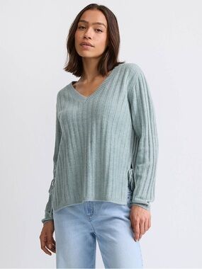 LOFT NWT Side Bow Ribbed V Neck Sweater In Harbor Mist Size M
